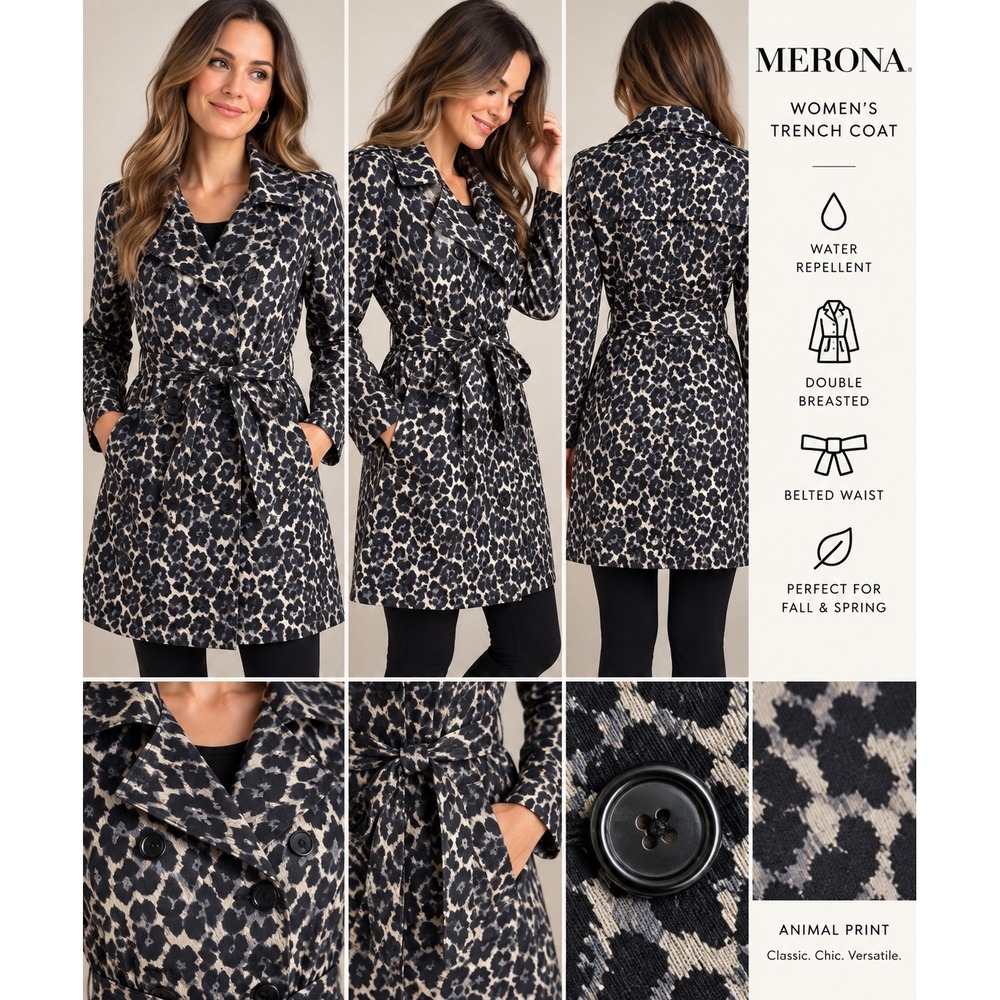 Merona Women Animal Print Trench Coat Gray Black Double Breasted Belted Jacket